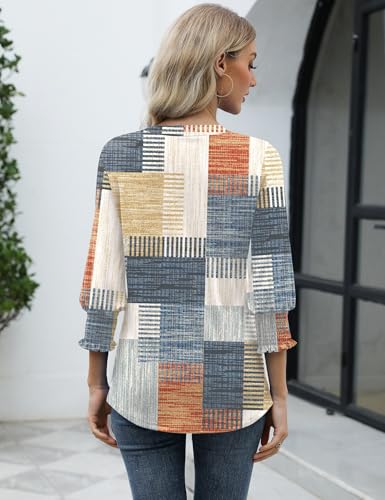 LOMON Blouses for Women Dressy Casual 3/4 Sleeve Tops for Women V Neck T Shirt Ladies Tops and Blouses Orange Blue Print L