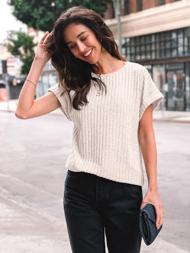 AUTOMET Women Summer Tops 2026 Spring Sweaters Dressy Casual Short Sleeve Shirts Business Blouses Apricot XS