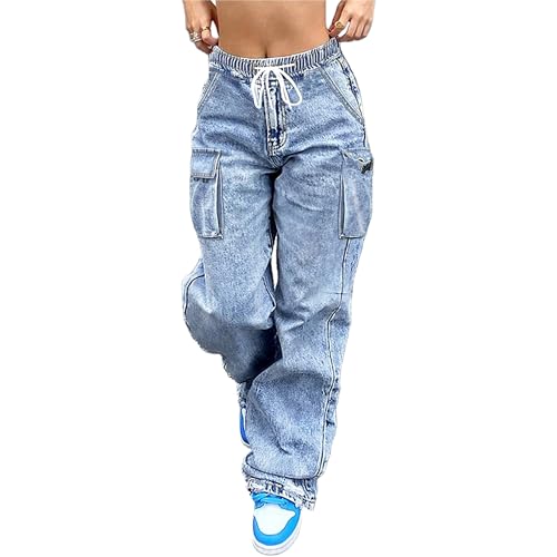 AprPith Mid Rise Cargo Jeans Women Elastic Waist Stretch Wide Leg Denim Pants with Pockets Baggy Streetwear Pants y2k Light Blue