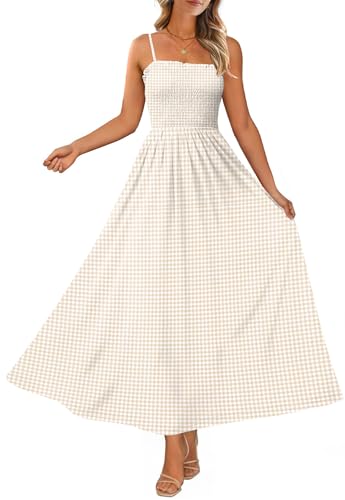 OFEEFAN Maxi Dress Spaghetti Strap Dresses Business Casual Spring Swing Sundresses for Women 2026 Summer Beach Vacation Cruise Outfits Khaki Gingham M