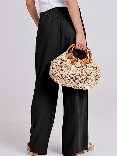 ANRABESS Women Linen Palazzo Pants Summer Boho Wide Leg High Waist Casual Lounge Pant 2026 Beach Travel Vacation Outfits Black Medium