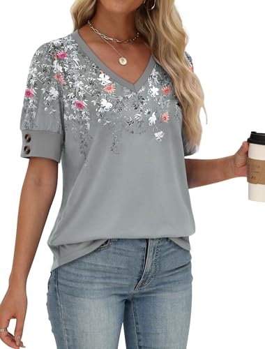 Womens Blouses Dressy Casual Short Sleeve Shirts Spring Business Work Floral Summer Tops Plus Size Fashion Clothing V Neck Tshirts Grey 2XL