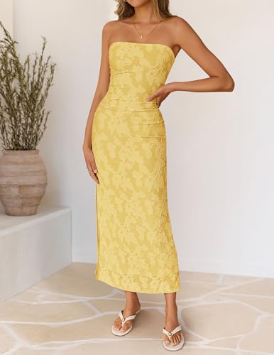 ZESICA Women's 2026 Summer Floral Strapless Maxi Sun Dress Bodycon Beach Vacation Wedding Guest Formal Cocktail Party Dresses, Yellow, S