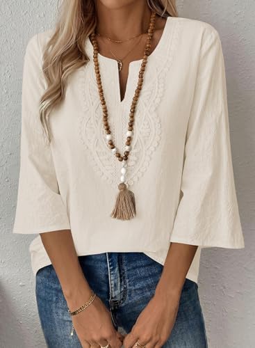 EVALESS Womens Tops Trendy 2026 Boho 3/4 Sleeve Embroidered Lace V Neck Business Work Blouses Dressy Casual Spring Fashion Outfits Parchment M