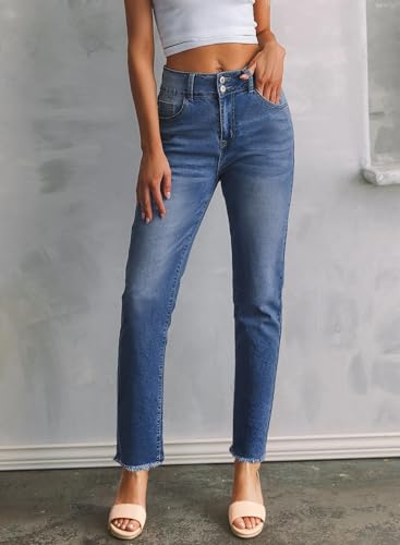 Sidefeel Women's High Waisted Tummy Control Jeans Trendy 2025 Straight Leg Raw Hem Denim Pants Sky Blue Size 18