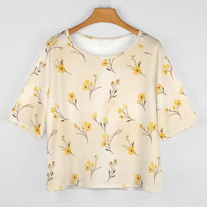 Off Shoulder Mid Sleeve Top Relaxed Fit Lightweight Women's Top Casual Fashion Simple Yellow Watercolor Spring Flower Pattern 2XL