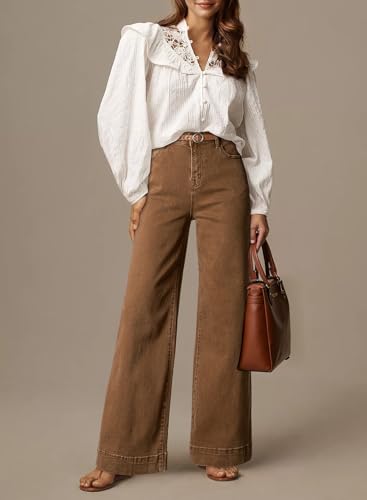 Dokotoo Womens Casual High Waisted Jeans for Women Straight Wide Leg Loose Stretch Denim Pants Brown Size 6