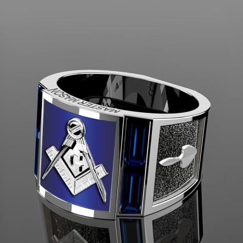 US Jewels Men's 925 Sterling Silver Synthetic Sapphire Master Mason Masonic Ring, Size 9