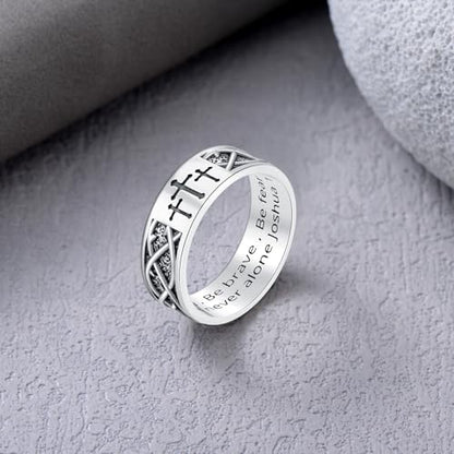 Lattd Cross Ring for Men with Joshua 1:9 925 Sterling Silver Christian Cross Band Rings for Dad Son Size 10
