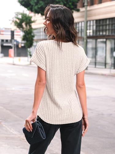 AUTOMET Women Summer Tops 2026 Spring Sweaters Dressy Casual Short Sleeve Shirts Business Blouses Apricot XS