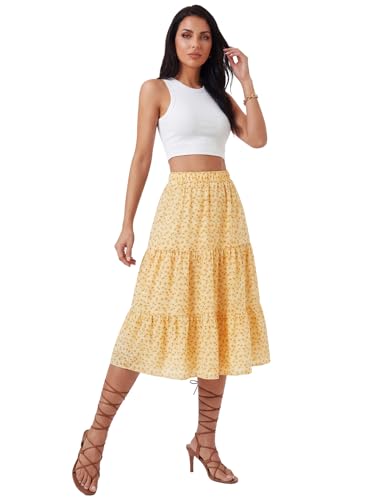 LYANER Women's Floral Print High Waisted A Line Tiered Ruffle Boho Swing Midi Skirts with Pockets Light Yellow Floral Print Small