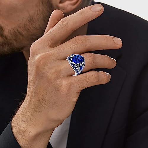 PYTALI Sapphire Ring for Men S925 Sterling Silver Vintage Pattern Oval Blue Sapphire 13 * 17mm Handmade for Men’s Ring Luxury Jewelry Gift Wedding Engagement Band (Non-Personalized, 10)