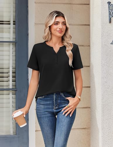 Zeagoo Shirts for Women 2026 Fashion Spring Tops Short Sleeve Henley Shirts Business Work Blouse Tee Clothes Black