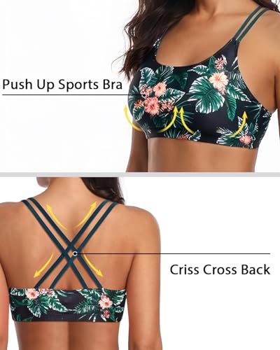 Holipick Green and Flower 3 Piece Tankini Swimsuits for Women Tummy Control Bathing Suits Swim Tank Top with Bra Boy Shorts Teen Swimwear L