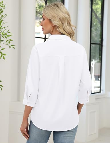 LOMON Womens Tops 3/4 Sleeve V Neck Collared Shirts Dressy Casual Blouses Business Casual Outfits Loose Fit Summer Clothes (White,L)