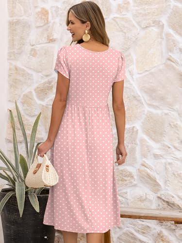 ANRABESS Women's Summer Short Sleeve A-Line Midi Dresses Casual Floral T-Shirt Dresses Flowy Beach Sundress with Pockets Pink Round Dot Medium