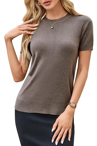 Arach&Cloz Women's Fashion Fall Spring Tops Vacation Cruise Outfits Summer Short Sleeve Sweaters Blouse Teacher Easter Clothing Business Casual Dressy Trendy 2026 (Coffee,M)