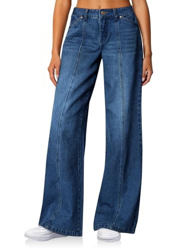 Cicy Bell Womens Wide Leg Jeans High Waisted Baggy Stretchy Front Seam Denim Pants with Pockets Blue