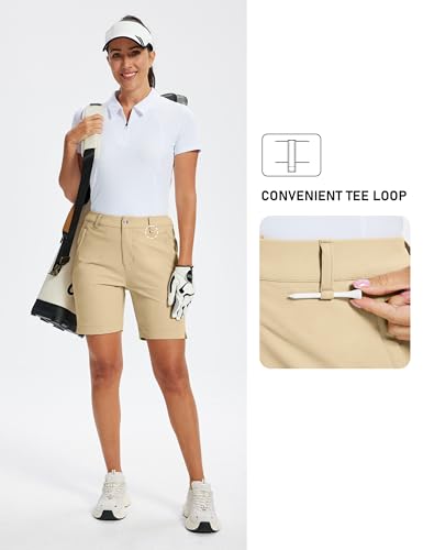 MoFiz Women's 7" Golf Shorts UPF 50+ Water-Resistant Hiking Shorts Running Casual Shorts with Zipper Pockets Khaki L