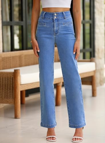 Sidefeel Women's Wide Leg Jeans High Waisted Straight Leg Stretchy Jeans Tummy Control Trendy Loose Ankle Denim Pants Sky Blue Size 14