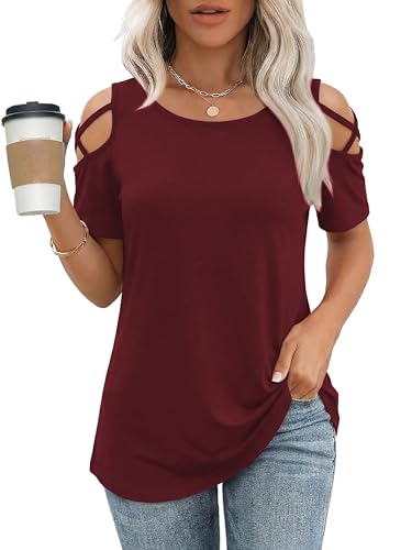 Jar of Love Women's Short Sleeve Cold Shoulder T Shirts Criss Cross Spring Summer Loose Fit Tops Going Out Tops Lady Casual Dressy Shirts 2026,M,Burgundy