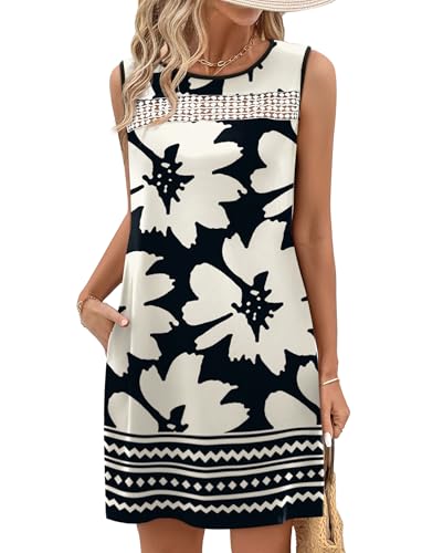 WIHOLL Spring Dresses for Women 2026 Loose Fit Ladies Dress Sleeveless Lace Sundresses with Pockets Summer Vacation Outfits Teacher School Easter Dresses Black Floral XL