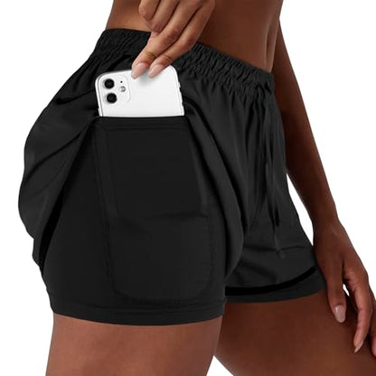 Yevrimow Women's 2 in 1 Running Shorts for Gym Yoga Workout Athletic Shorts High-Waisted Shorts with Liner Pockets Grey