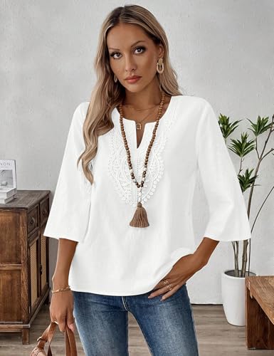 LOMON 3/4 Length Sleeve Womens Tops Loose Fit Boho Tops Cotton Linen V Neck Shirt Spring Dressy Peasant Blouses(White,L)