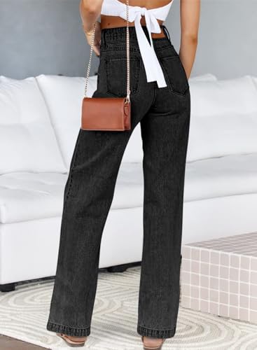 Sidefeel Jeans for Women Trendy High Waisted Stretchy Straight Leg Jeans Tummy Control Loose Ankle Denim Pants Black Size 12