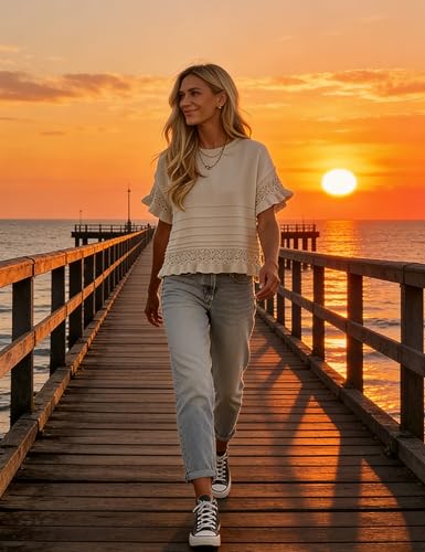 Yeokou Womens Short Sleeve Sweater Round Neck Ruffled Hem Knit Crochet Pullover Summer Fall Casual Top Blouse(Khaki-M)