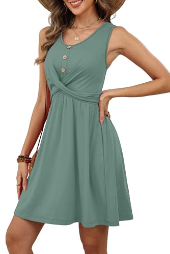 OFEEFAN Sundresses for Women Casual Dresses for Women Spring Babydoll Dress Button Down Cruise Outfits Classy Green M