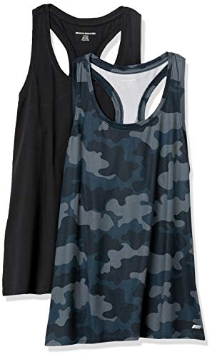 Amazon Essentials Women's Active Quick Dry Tech Stretch Racerback Scoop Neck Tank Top, Pack of 2, Black/Grey Camo, X-Large