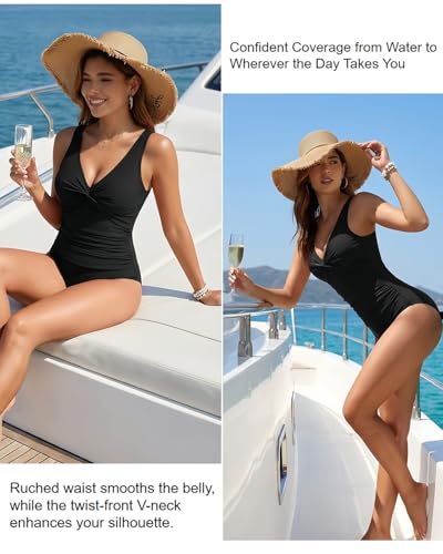 Holipick Black Women Tummy Control One Piece Swimsuit - Push Up Bathing Suit Full Coverage Slimming Swimwear M