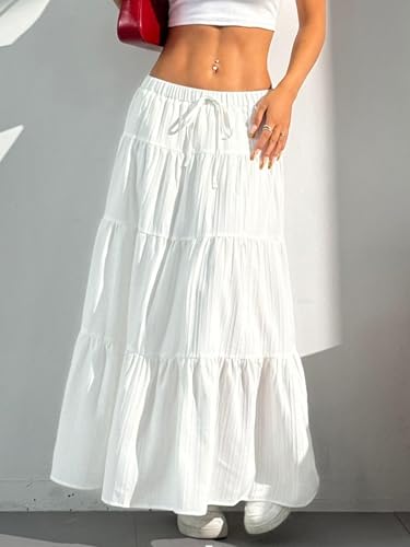 DERAX Women's Boho Flowy Maxi Skirts Elegant Flared Ruffle Hem Elastic High Waisted Summer Fall A Line Long Skirts White S