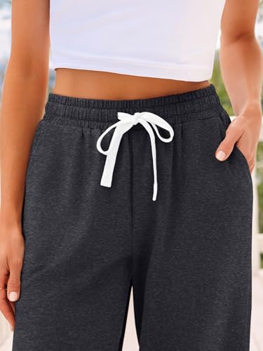 AUTOMET Women‘s High-Waisted Sweatpants with Pockets, Loose Lounge & Pajama Pants for Fall, Winter, Spring Yoga Travel BlackGrey L