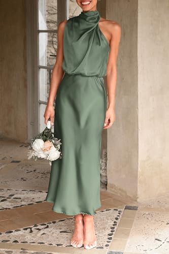 PRETTYGARDEN Women's 2025 Summer Satin Dress Elegant Sleeveless Mock Neck Cocktail Party Maxi Dresses (Army Green,Large)