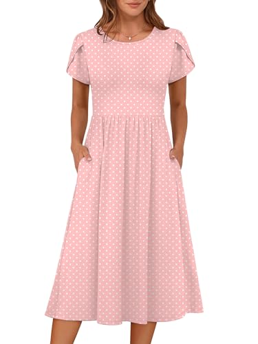 ANRABESS Women's Summer Short Sleeve A-Line Midi Dresses Casual Floral T-Shirt Dresses Flowy Beach Sundress with Pockets Pink Round Dot Medium