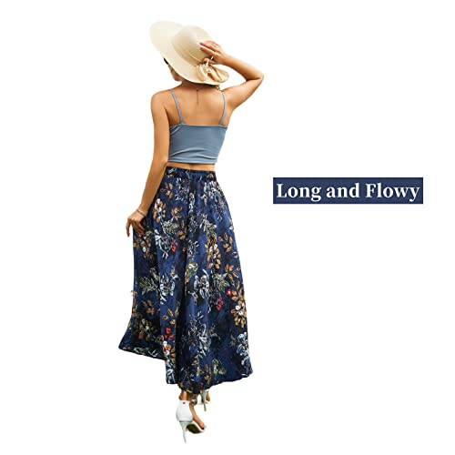 Abaadlw Maxi Skirts for Women with Pockets Long Midi Length Casual Skirt for Beach Party Holiday (A31 Blue Floral L)