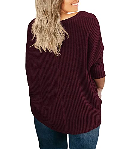OLRIK Womens Plus Size Tops Long Sleeve V Neck Waffle Knit Tunic Blouse Tie Front Button Up T Shirts Wine Red-3X Plus