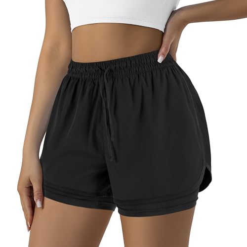 Yevrimow Women's 2 in 1 Running Shorts for Gym Yoga Workout Athletic Shorts High-Waisted Shorts with Liner Pockets Black-XXL