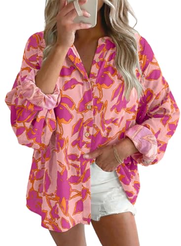Astylish Womens Bohemian Plus Size Clothing Floral Oversized Summer Tops Abstract Flowy Ruched V Neck Breathable Lantern Sleeve Blouses Office Casual Button Up Shirts Pink XX-Large