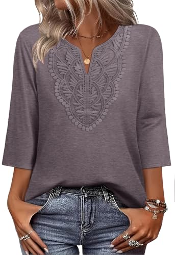 WIHOLL 3/4 Length Sleeve Womens Tops for Women Trendy Plus Size Womens Clothing V Neck T Shirts for Women Blouses Spring Top for Women 2026 Beach Vacation Clothes Lace Cute Tops Purple 2XL