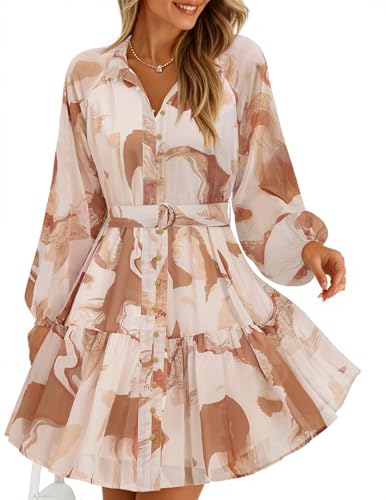 ZESICA Womens Spring Summer Floral Mini Dress Long Sleeve Button Chiffon A Line Swing Short Wedding Guest Party Dresses Brown Medium
