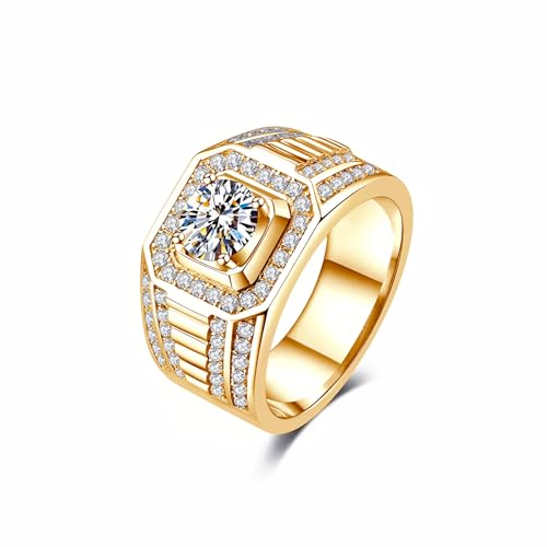 Jelafu 1 carat Moissanite Rings for Men Yellow Gold Plated Solitaire Engagement Ring D Color VVS1 Clarity Round Cut Engagement Ring Sterling Silver Moissanite Pinky Rings