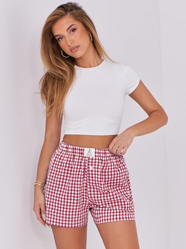 ANRABESS Boxer Shorts for Women Gingham Pajama 2026 Summer Casual Lounge Sleep Plaid Shorts Y2K Beach Bottoms Red White Plaid Medium