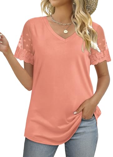 OFEEFAN Womens Spring Fashion 2025 T Shirt Dressy Casual Cute Top Basic Tee Shirts Cozy Coral L