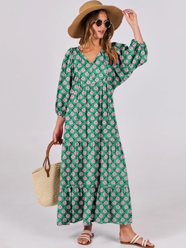 ANRABESS Womens Boho Maxi Dresses 2026 Summer V Neck Puff Sleeve Floral Flowy Swing Fall Casual Long Dress Green Small