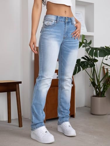 Flamingals Bootcut Jeans for Women Stretchy Mid Rise Double Button Wash Solid 90s Straight Leg Jeans Light Blue M