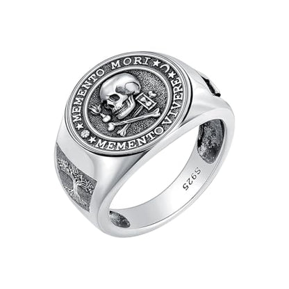 MEIDERBO Memento Mori Ring 925 Sterling Silver Gothic Skull Signet Rings Tree of Life for Men Stoic Jewelry Memento Vivere Gifts Size 13