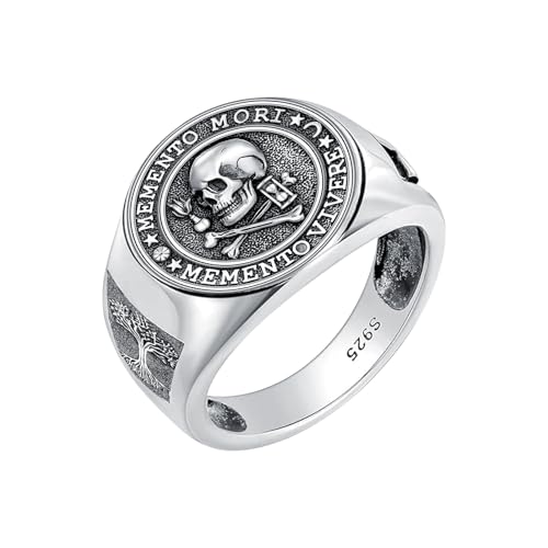 MEIDERBO Memento Mori Ring 925 Sterling Silver Gothic Skull Signet Rings Tree of Life for Men Stoic Jewelry Memento Vivere Gifts Size 13